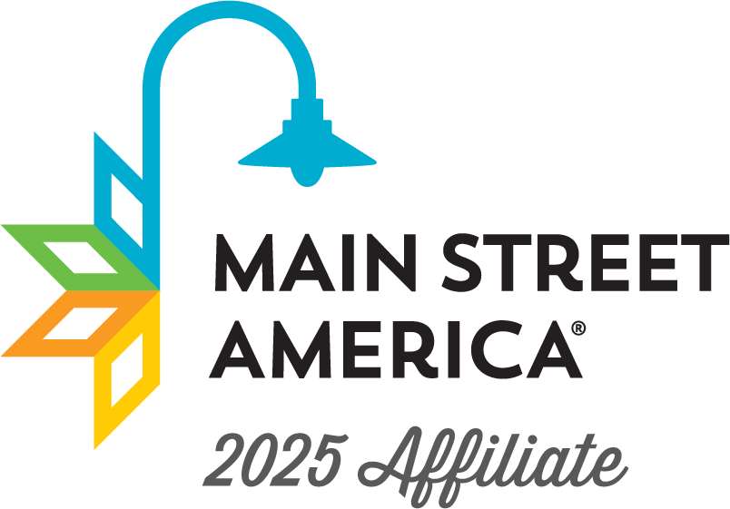 "MAIN STREET AMERICA" logo with cursive gray text "2025 Affiliate" below. The design represents affiliation with Main Street America for the year 2025, emphasizing community and urban revitalization themes.