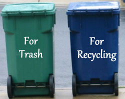 blue cart is for recycling- green cart is for trash